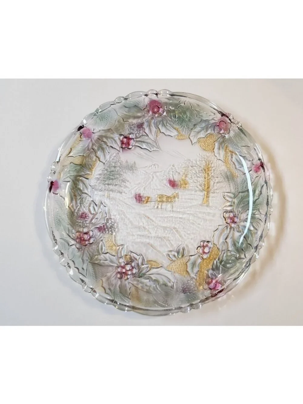 Christmas Serving Platter Plate Vintage Heavy Glass Tray Holly Winter Scene
